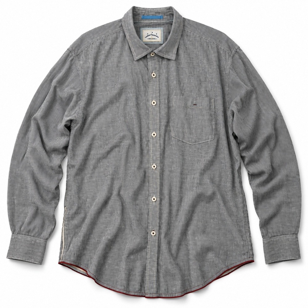 Tommy Bahama Denim Striped Geometric Shirt Mens XXL Blue Long Sleeve Pocket